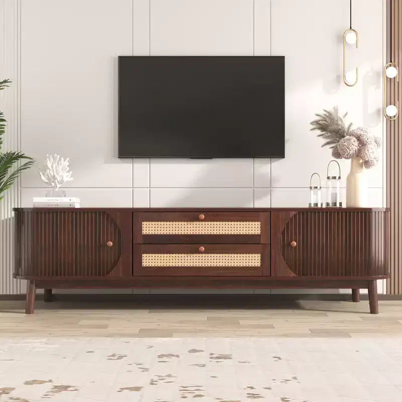 Mobile TV marrone e legno naturale con 2 cassetti, adatto per TV fino a 75", per 1