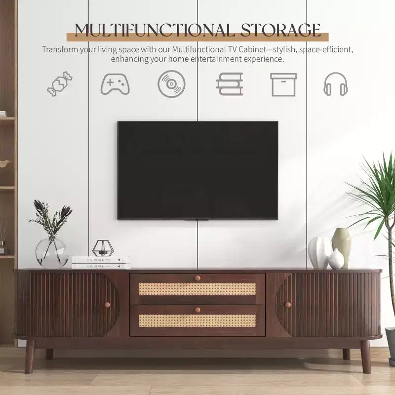 Mobile TV marrone e legno naturale con 2 cassetti, adatto per TV fino a 75", per 1