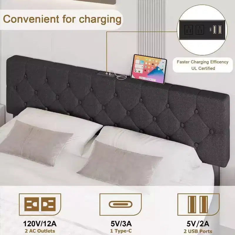 Struttura letto imbottita matrimoniale grigia, capitonné a rombi, ricarica USB e Type-C, per 1 persona
