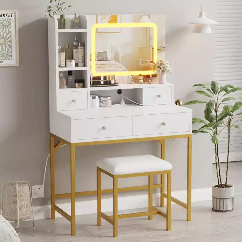 Toeletta bianca/nera con specchio LED, sgabello e contenitore – 1 persona