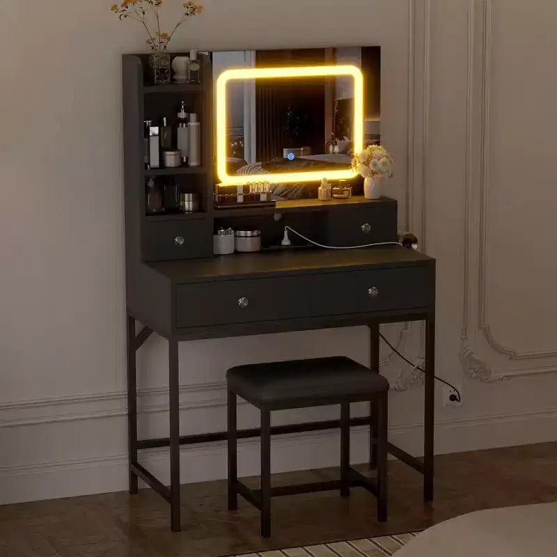Toeletta bianca/nera con specchio LED, sgabello e contenitore – 1 persona
