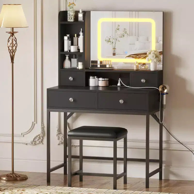 Toeletta bianca/nera con specchio LED, sgabello e contenitore – 1 persona