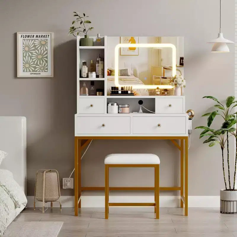 Toeletta bianca/nera con specchio LED, sgabello e contenitore – 1 persona