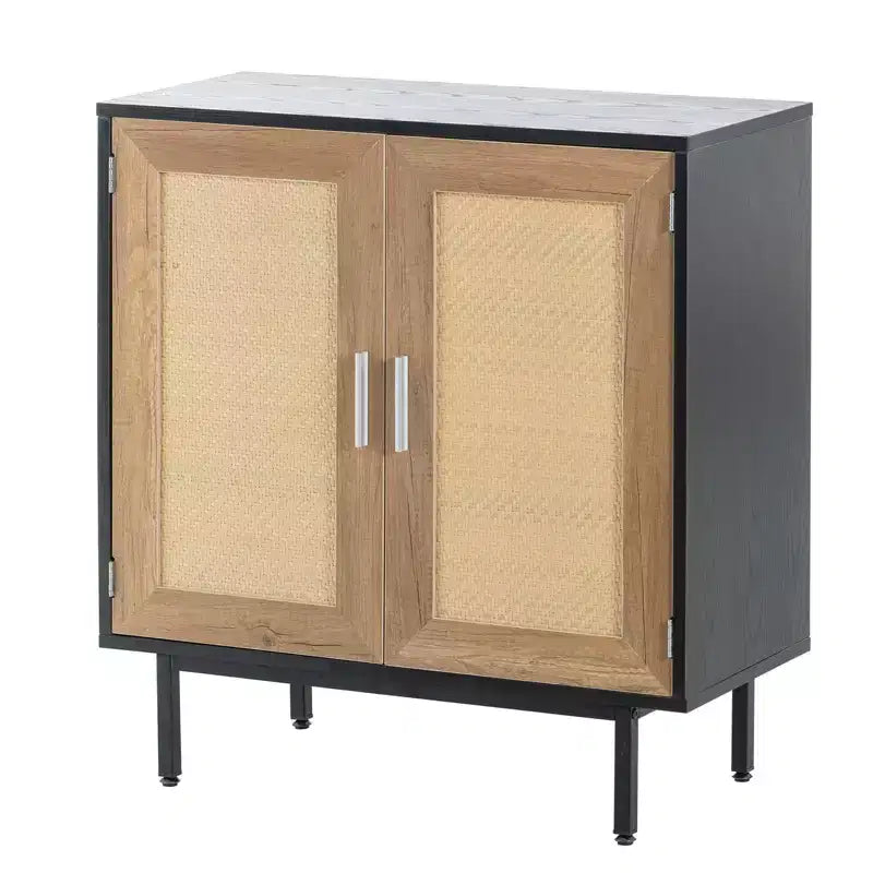 Mobiletto contenitore a 2 ante con cornice nera / Rattan color legno – Montaggio per 1 persona