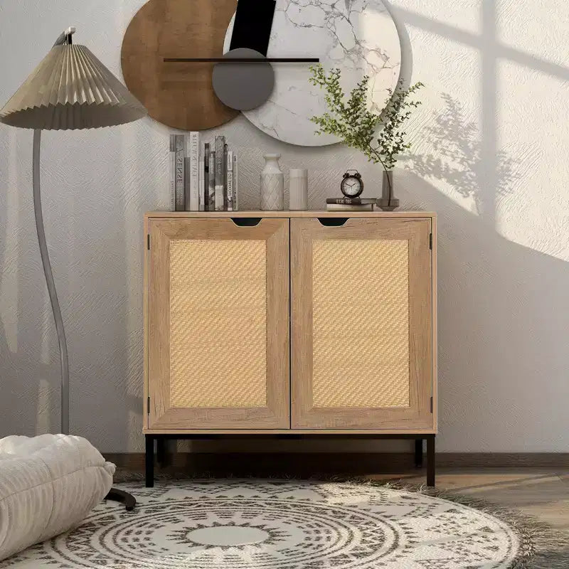 Mobiletto contenitore a 2 ante con cornice nera / Rattan color legno – Montaggio per 1 persona