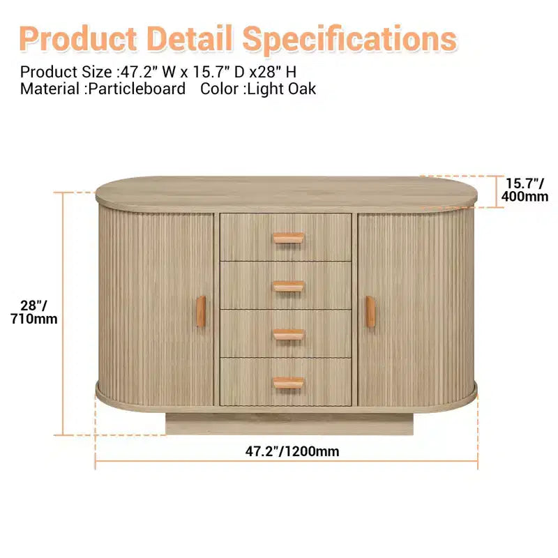 Credenza a buffet scanalata in rovere naturale con 4 cassetti e 2 ante scorrevoli