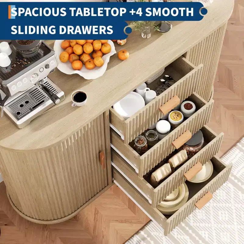 Credenza a buffet scanalata in rovere naturale con 4 cassetti e 2 ante scorrevoli