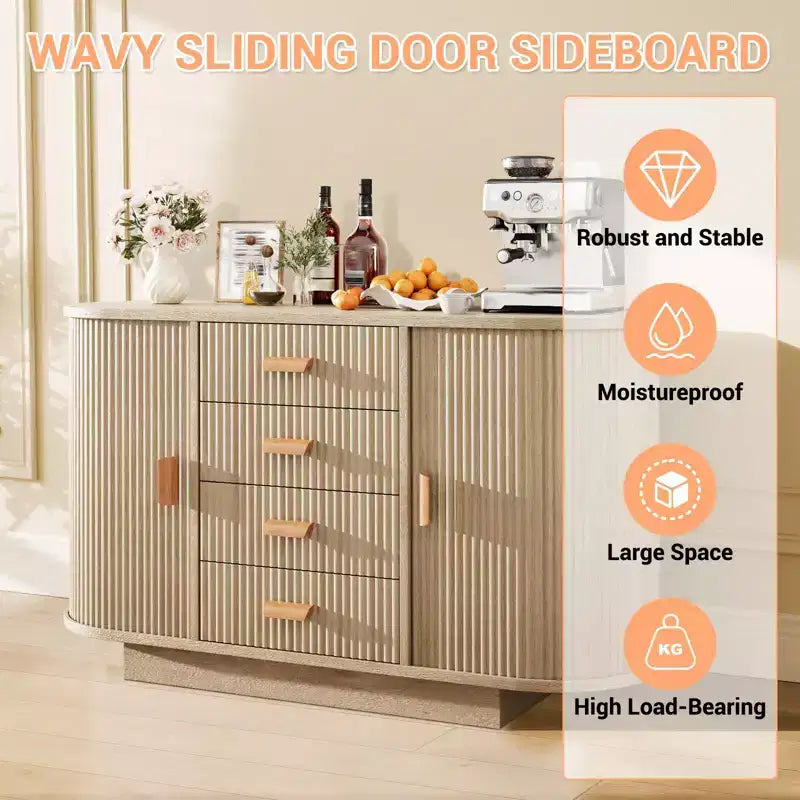 Credenza a buffet scanalata in rovere naturale con 4 cassetti e 2 ante scorrevoli
