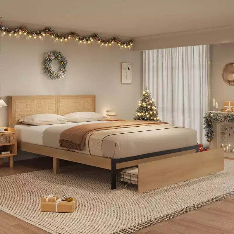 Letto a piattaforma con testiera in rattan rovere naturale con 2 cassetti – Matrimoniale/King, 2 persone