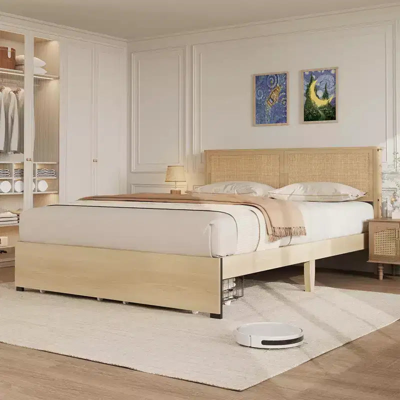 Letto a piattaforma con testiera in rattan rovere naturale con 2 cassetti – Matrimoniale/King, 2 persone