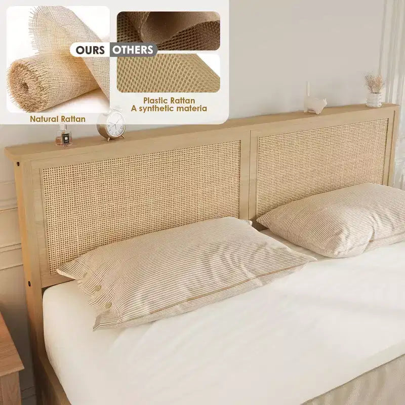 Letto a piattaforma con testiera in rattan rovere naturale con 2 cassetti – Matrimoniale/King, 2 persone