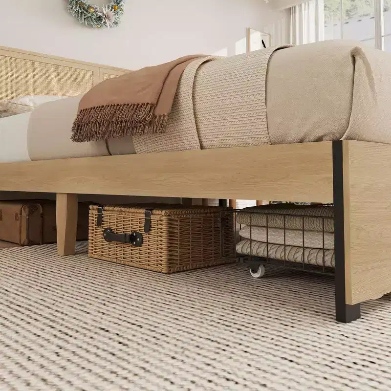 Letto a piattaforma con testiera in rattan rovere naturale con 2 cassetti – Matrimoniale/King, 2 persone