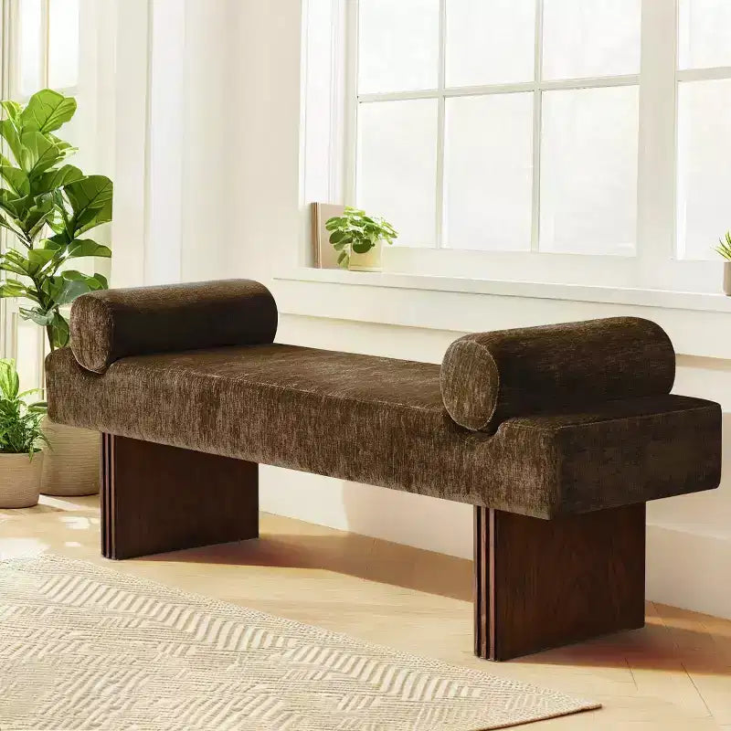Panca imbottita in ciniglia da 152 cm con cuscini a rullo | Beige/Nero/Marrone/Verde/Terra | 2-3 posti a sedere