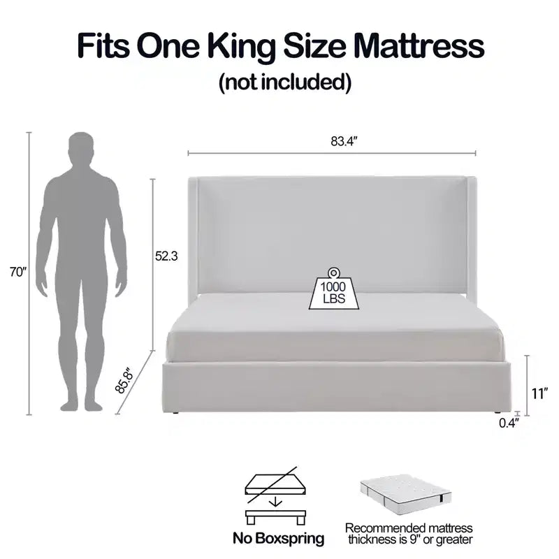 Letto a piattaforma imbottito in microsuede di cocco con testiera ad ali laterali, King, 1 persona