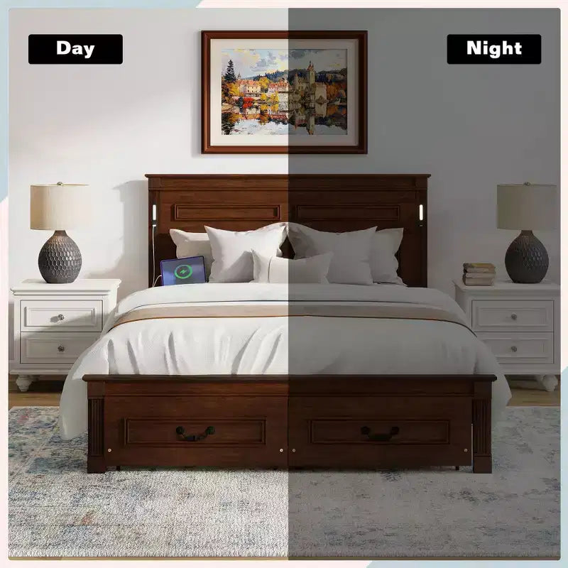 Struttura Letto con Piattaforma Rustica Noce/Bianca con Testiera a LED e Cassetti Contenitore – Queen/King