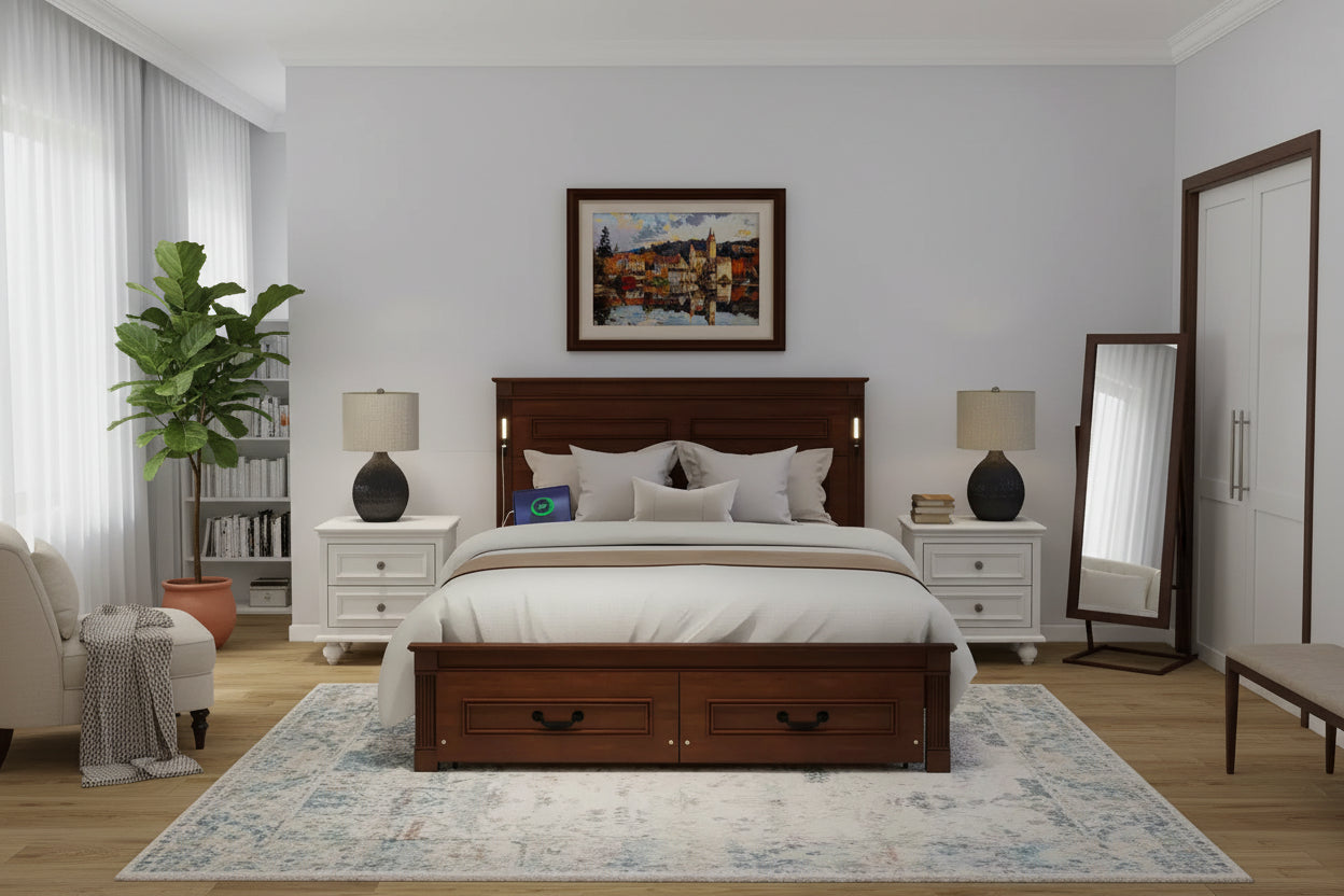 Struttura Letto con Piattaforma Rustica Noce/Bianca con Testiera a LED e Cassetti Contenitore – Queen/King