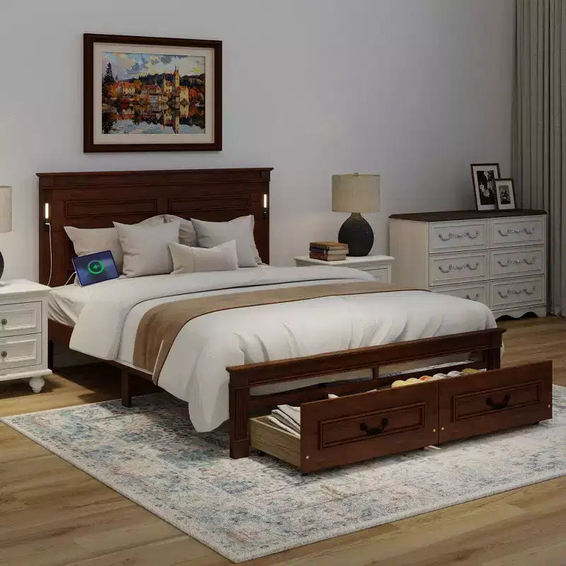 Struttura Letto con Piattaforma Rustica Noce/Bianca con Testiera a LED e Cassetti Contenitore – Queen/King