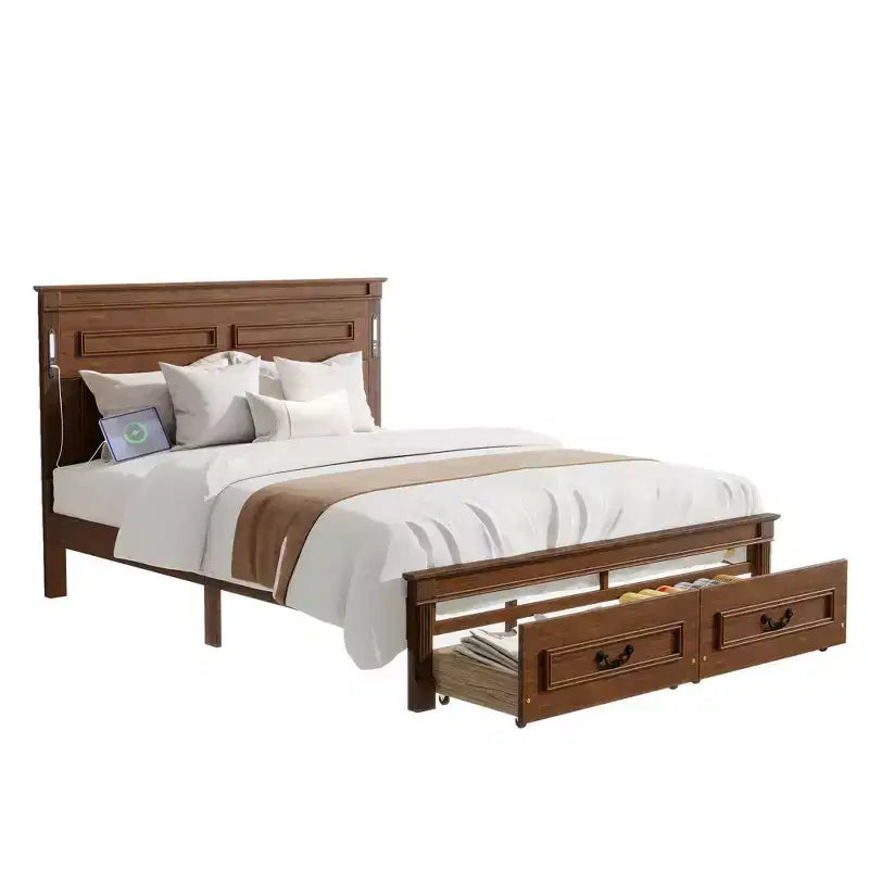 Struttura Letto con Piattaforma Rustica Noce/Bianca con Testiera a LED e Cassetti Contenitore – Queen/King