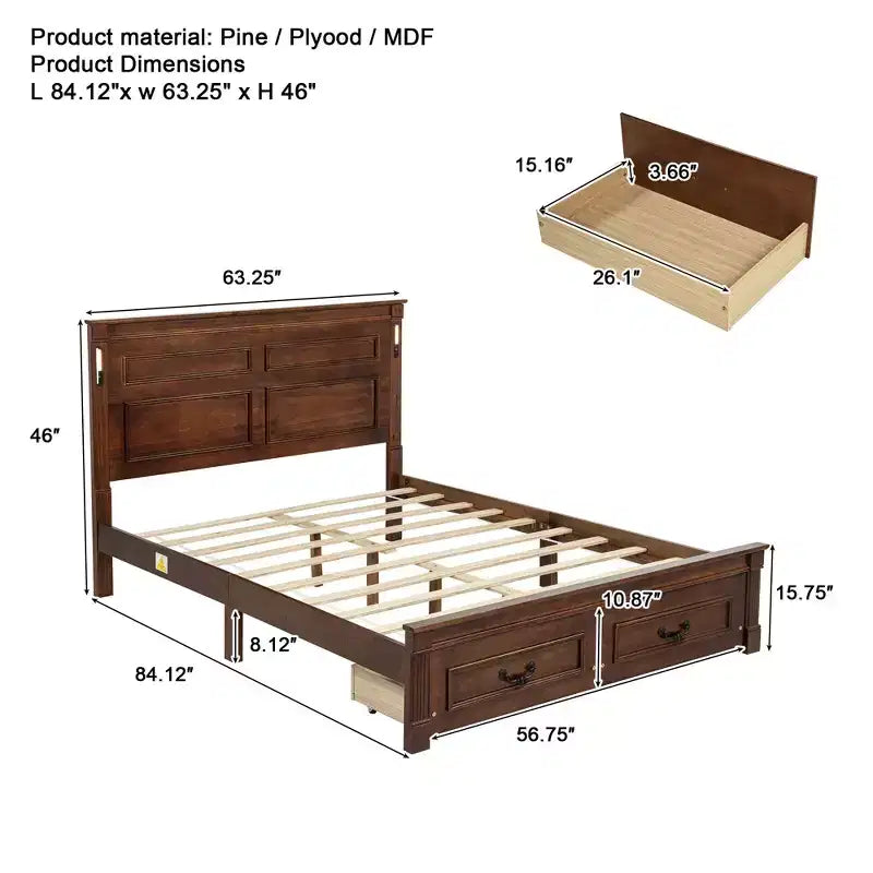Struttura Letto con Piattaforma Rustica Noce/Bianca con Testiera a LED e Cassetti Contenitore – Queen/King
