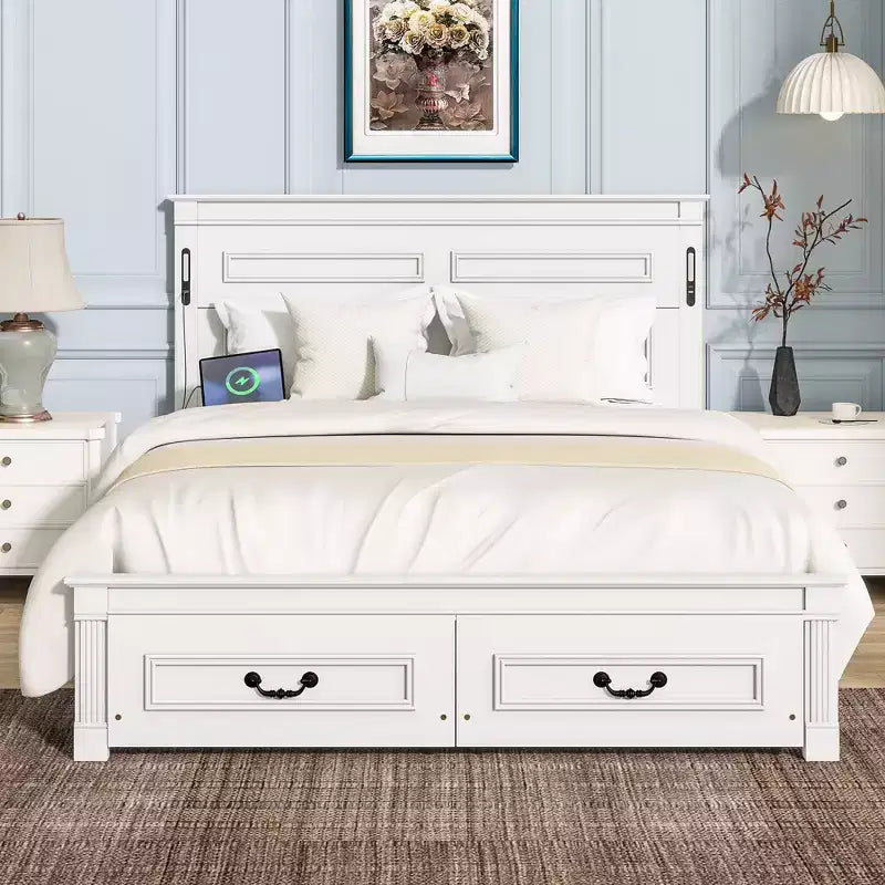 Struttura Letto con Piattaforma Rustica Noce/Bianca con Testiera a LED e Cassetti Contenitore – Queen/King