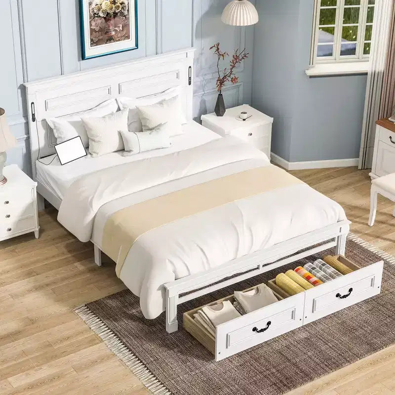 Struttura Letto con Piattaforma Rustica Noce/Bianca con Testiera a LED e Cassetti Contenitore – Queen/King