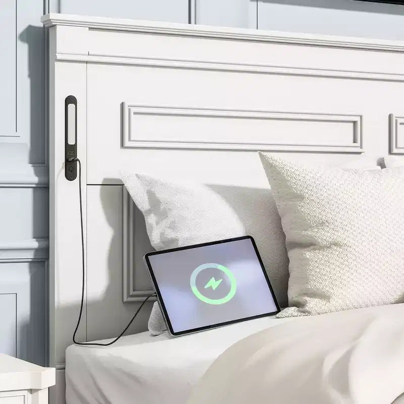 Struttura Letto con Piattaforma Rustica Noce/Bianca con Testiera a LED e Cassetti Contenitore – Queen/King