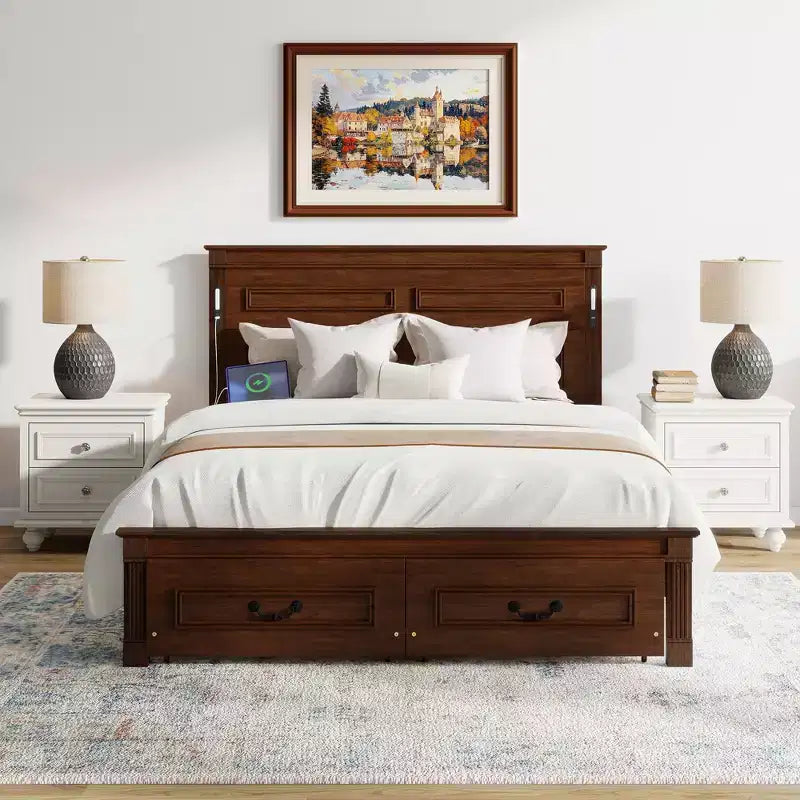 Struttura Letto con Piattaforma Rustica Noce/Bianca con Testiera a LED e Cassetti Contenitore – Queen/King