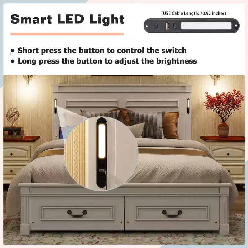 Struttura Letto con Piattaforma Rustica Noce/Bianca con Testiera a LED e Cassetti Contenitore – Queen/King