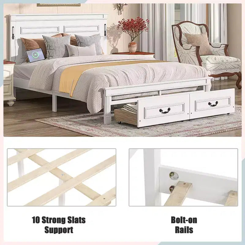 Struttura Letto con Piattaforma Rustica Noce/Bianca con Testiera a LED e Cassetti Contenitore – Queen/King