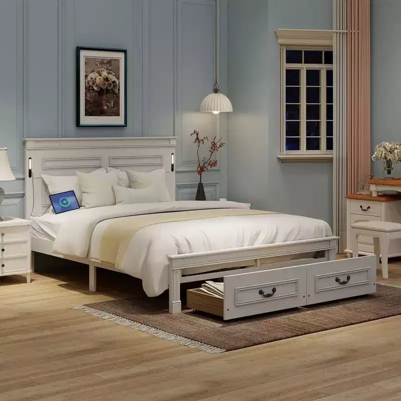 Struttura Letto con Piattaforma Rustica Noce/Bianca con Testiera a LED e Cassetti Contenitore – Queen/King