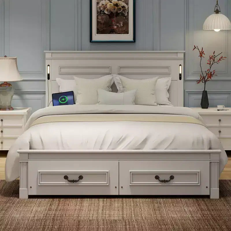 Struttura Letto con Piattaforma Rustica Noce/Bianca con Testiera a LED e Cassetti Contenitore – Queen/King