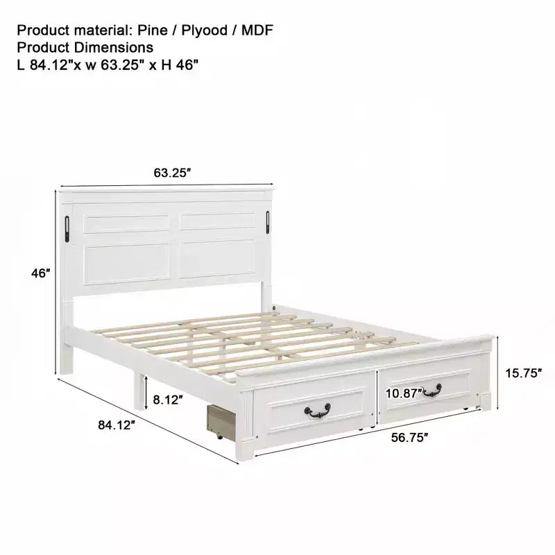 Struttura Letto con Piattaforma Rustica Noce/Bianca con Testiera a LED e Cassetti Contenitore – Queen/King