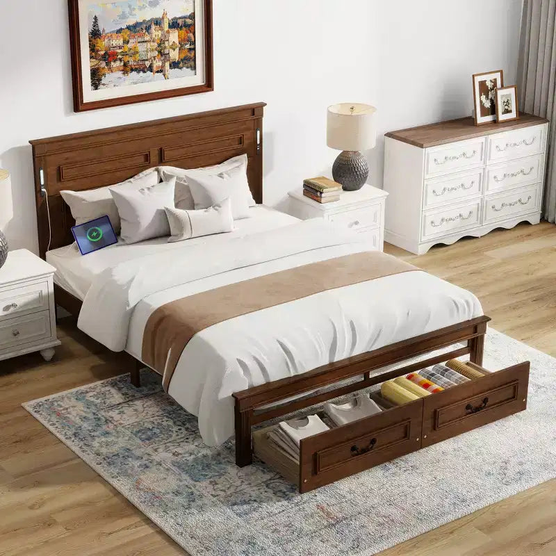 Struttura Letto con Piattaforma Rustica Noce/Bianca con Testiera a LED e Cassetti Contenitore – Queen/King