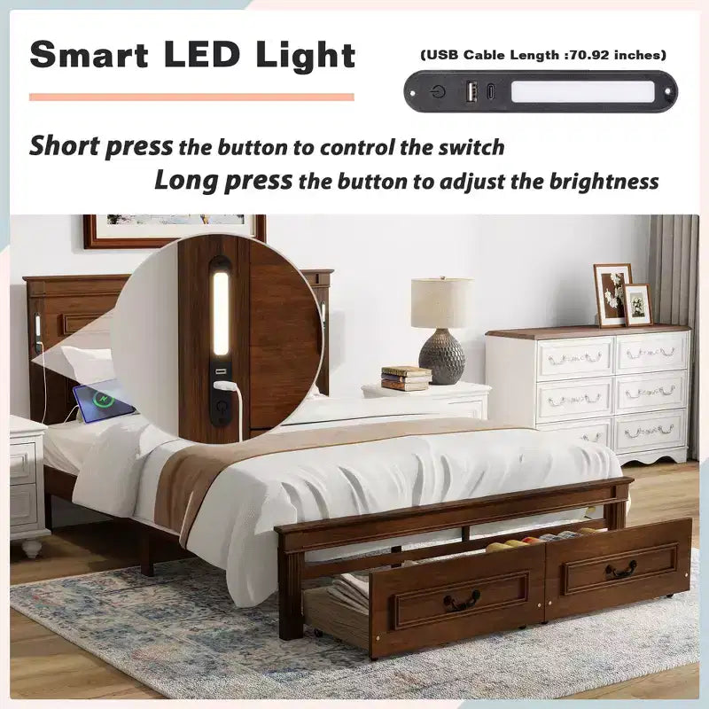 Struttura Letto con Piattaforma Rustica Noce/Bianca con Testiera a LED e Cassetti Contenitore – Queen/King