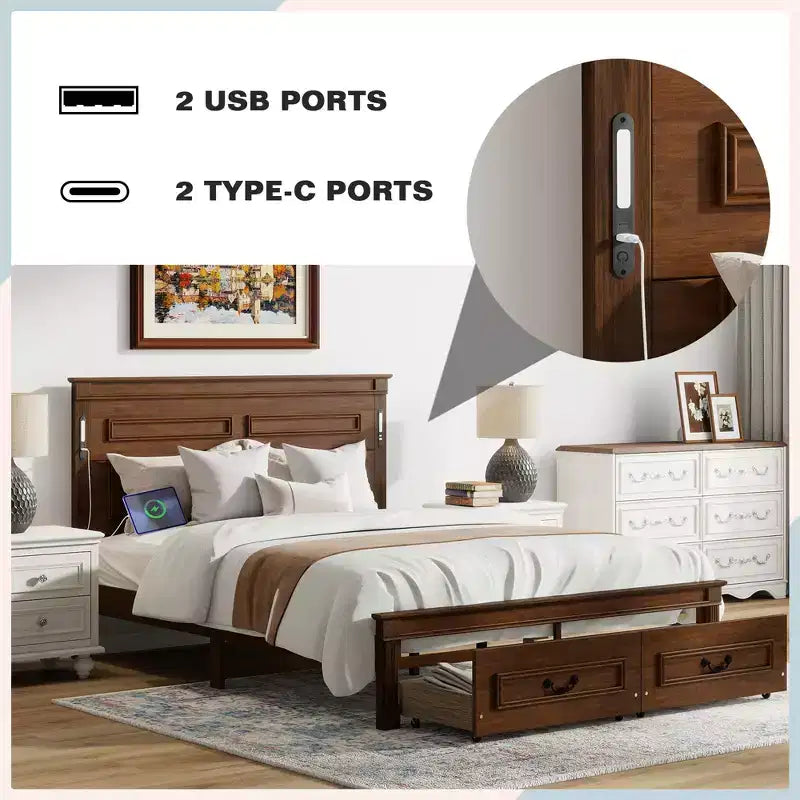 Struttura Letto con Piattaforma Rustica Noce/Bianca con Testiera a LED e Cassetti Contenitore – Queen/King