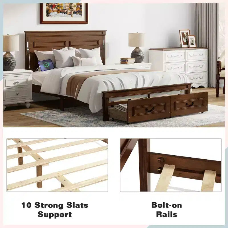 Struttura Letto con Piattaforma Rustica Noce/Bianca con Testiera a LED e Cassetti Contenitore – Queen/King