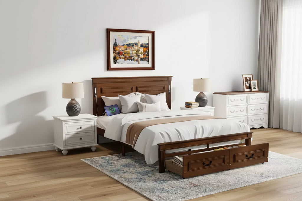 Clihome Farmhouse Bed Frame with Tall Panel Headboard, Storage Drawers & LED Lights (Queen/King)