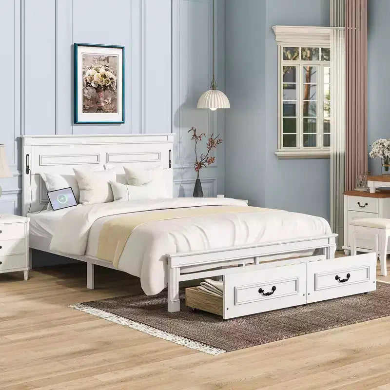 Struttura Letto con Piattaforma Rustica Noce/Bianca con Testiera a LED e Cassetti Contenitore – Queen/King