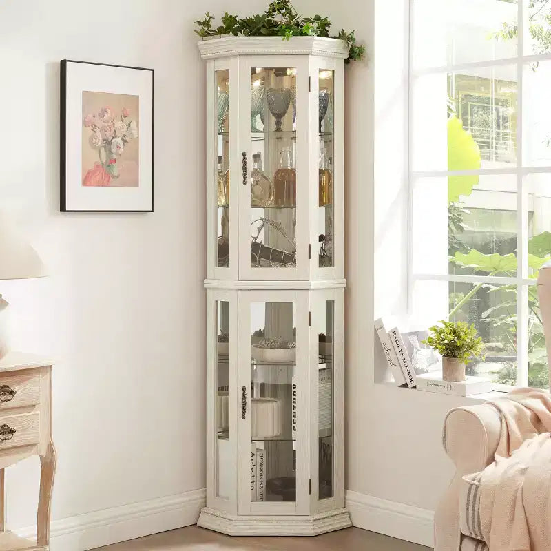MAYEERTY Living Room Corner Cabinet MDF+Tempered Glass Adjustable Shelves Space-Saving