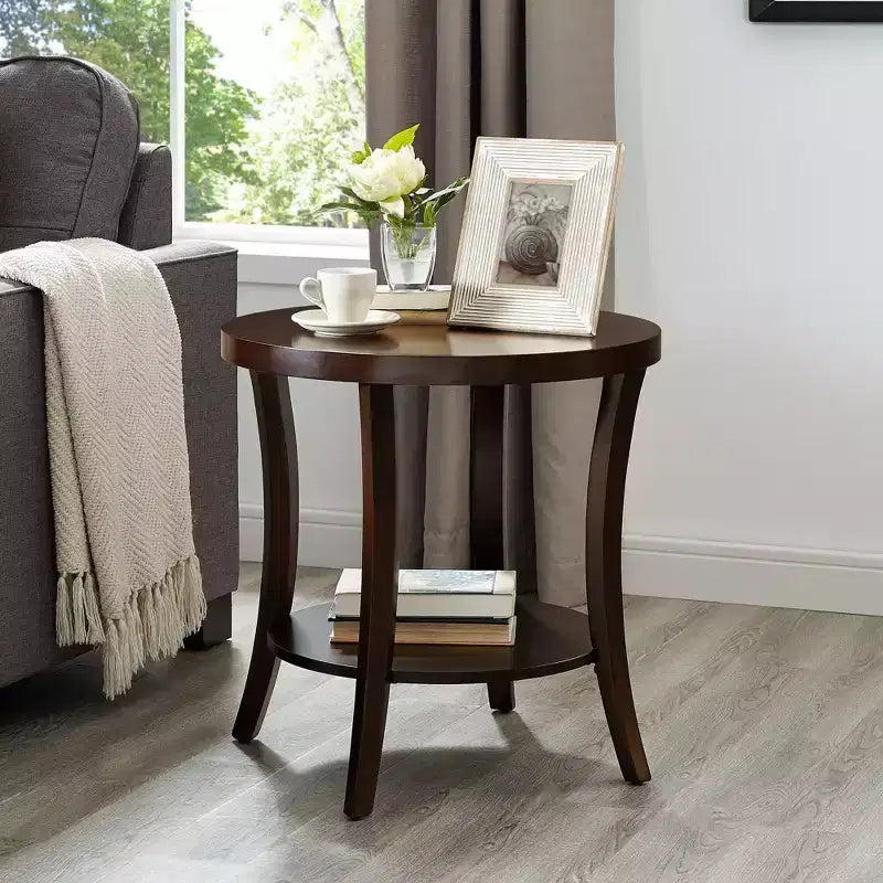 Tavolino rotondo moderno a 2 ripiani color Espresso/Grigio con mensola