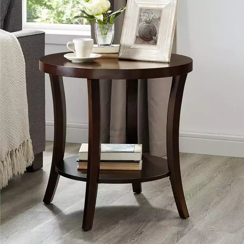 GDFStudio Tyn Modern Round Wooden 2-Tier End Table with Underneath Shelf and Curved Legs