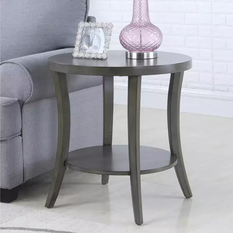 Tavolino rotondo moderno a 2 ripiani color Espresso/Grigio con mensola