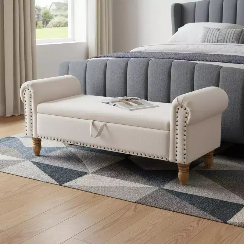 Panca contenitore imbottita in lino beige con piano ribaltabile, 1 posto