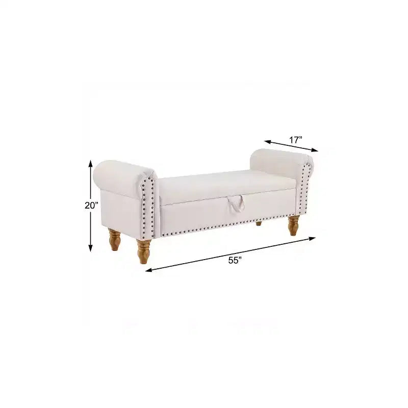 Panca contenitore imbottita in lino beige con piano ribaltabile, 1 posto