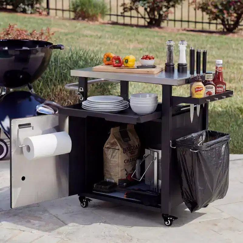 Carrello grill da esterno da 39,5" in acciaio inox naturale con armadietto e ruote