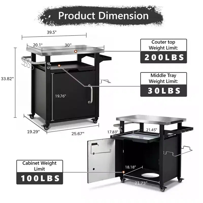 Carrello grill da esterno da 39,5" in acciaio inox naturale con armadietto e ruote