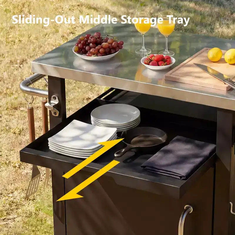 Carrello grill da esterno da 39,5" in acciaio inox naturale con armadietto e ruote