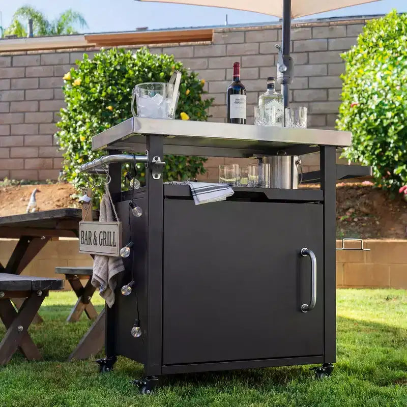 Carrello grill da esterno da 39,5" in acciaio inox naturale con armadietto e ruote