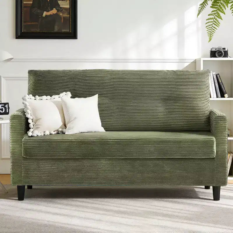Divanetto a due posti in velluto a coste beige/verde, struttura in legno massello