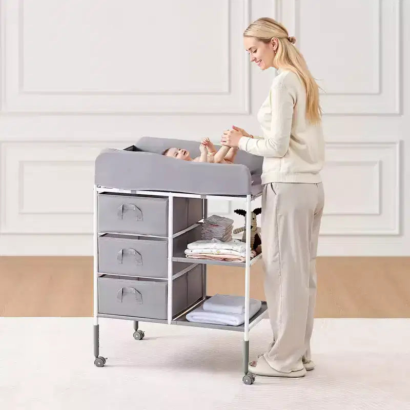 Fasciatoio portatile grigio con 3 cassetti e ruote, per 1 bambino
